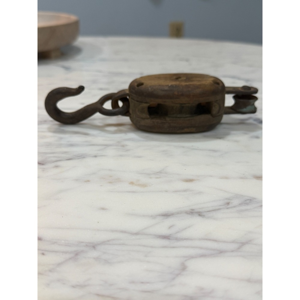 Vintage Nautical Wood Block Pulley Iron Hook Primitive Maritime Industrial Decor